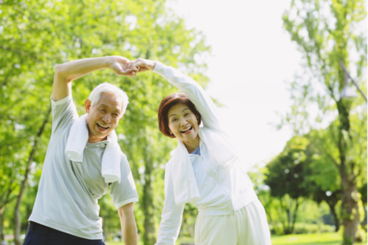 Idosos caminhando de mãos dadas